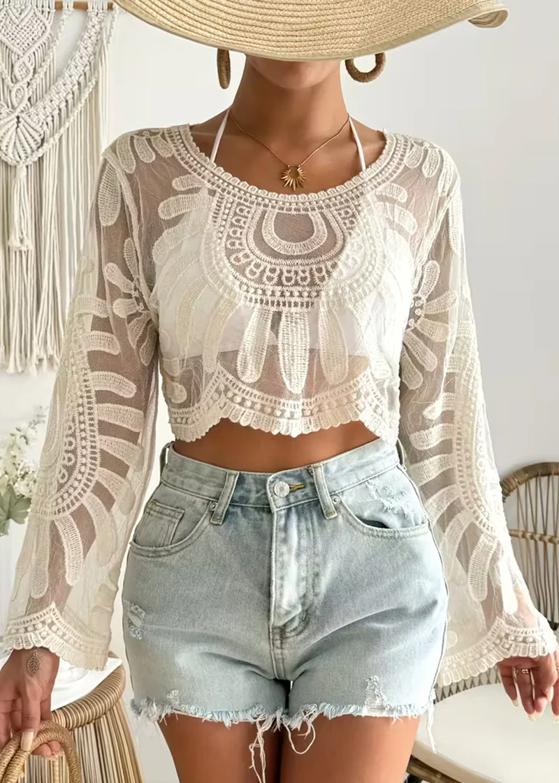Women’s Floral Embroidery Sheer Beach Cover-Up - Image 2