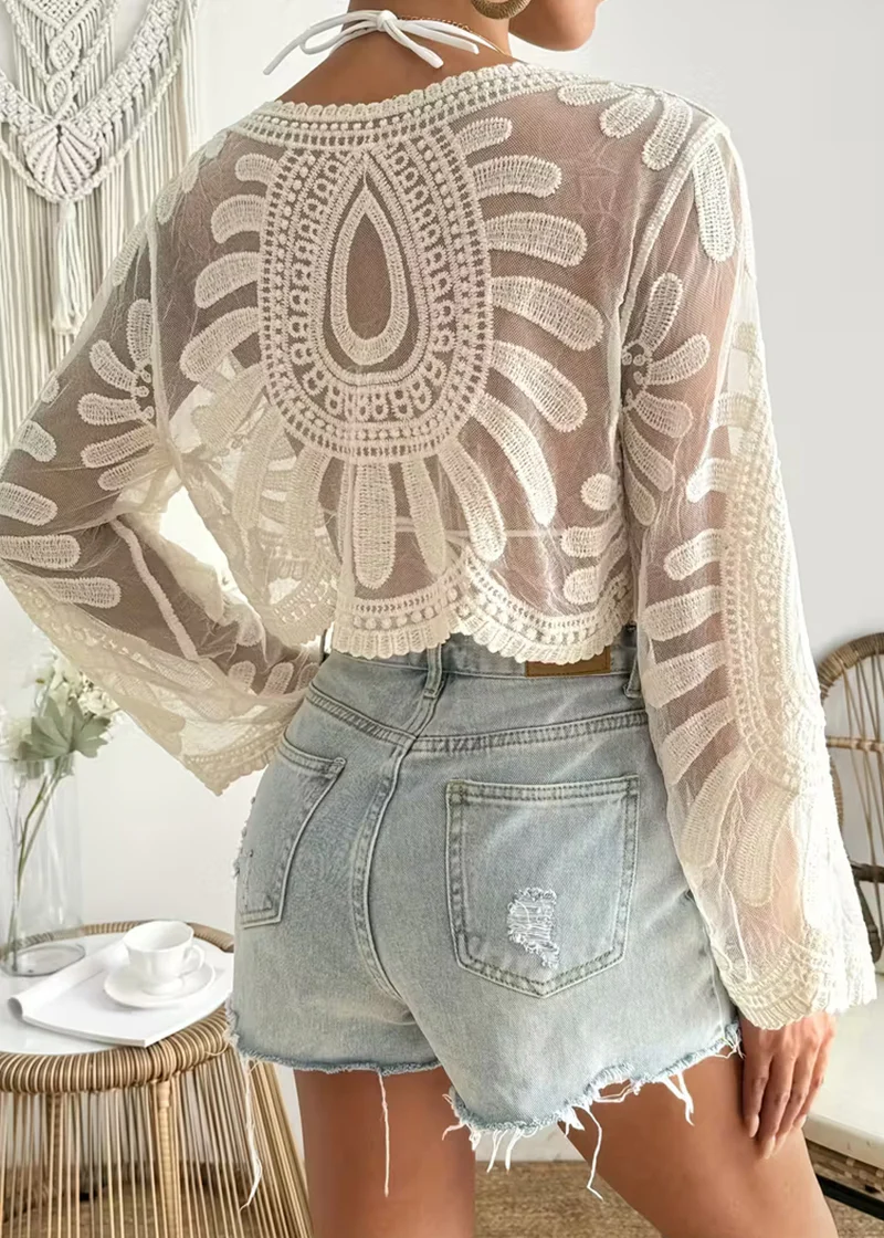 Women’s Floral Embroidery Sheer Beach Cover-Up - Image 5